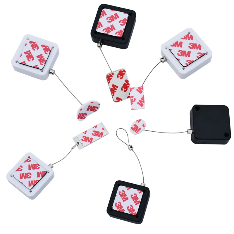 TPS4416 retractable anti theft pull box product family with black and white ABS housings and tail tethers